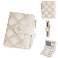 Short beige quilted leather wallet with cross metal buckle and secure zip closure - Apricot