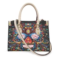 Halloween tote bag with colorful Mexican sugar skull print and cream PU leather straps - Colorful Geometric Sugar Skull - Off-White Strap