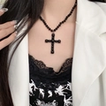 Gothic style black beaded necklace with large cross pendant worn on a model - 89#X4815A (Black Beaded Cross Necklace)