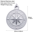 Detail of silver stainless steel compass pendant with dimensions and material specs - Silver Tone Compass (S7)