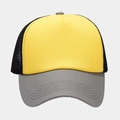 Detailed view of the yellow panel and breathable black mesh on the trucker hat - Yellow with Grey Brim