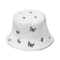Cappello a secchiello bianco in pelliccia sintetica con ricamo a farfalla per l'inverno - Bianco