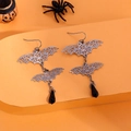 Silver hollow bat earrings with black teardrop beads on a festive orange background - FX175 (Silver Bat Bead)