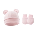 Detailed close-up of pink cotton baby hat with cute bear ears and matching mittens set - Hat And Gloves / Light Pink