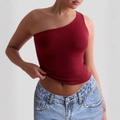 Women's slim fit one-shoulder yoga tank top in deep red stretch fabric - S / Burgundy