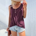 Close-up of sleeveless top showing knot hem detail and decorative buttons in dark purple - Burgundy