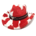 Red and white cow print plush western cowboy hat with studded leather band and bull emblem - Heart Top / Red