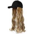 Black baseball cap with long wavy hair extension in brown and blonde highlights - Brown Blonde Mix