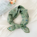 Green cotton-linen square scarf featuring floral patterns and a rabbit print detail - Rabbit Shadow Milan Green