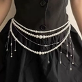 Elegant multi-layered pearl waist chain belt with silver butterfly fringe and tassels - Layered Pearl K0121