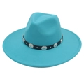 Detail of teal wool fedora hat with black leather band and silver bohemian metal studs - Lake Blue