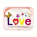Transparent PVC makeup bag with pink piping and colorful Love lettering pattern - 104-Love Theme Color Pink