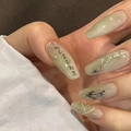 Long trapezoid press-on nails in jade green with ink bamboo and calligraphy art - HY289 Chinese Ink Bamboo Style