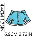 Detail of blue denim shorts embroidery patch with bone pattern and dimension markers - Blue Denim Shorts (21号)