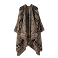 Brown knit poncho shawl featuring black paisley and vintage floral patterns - One Size / Cloud Paisley-Khaki