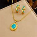 Gold-plated stainless steel jewelry set featuring vintage turquoise pendants and earrings - Oval Turquoise Braided Texture Jewelry Set (N3187 E6210)