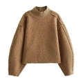 Pullover marrone in pile da donna con dolcevita a coste e spalle scese eleganti - S / Cachi
