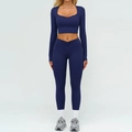 Set sportivo blu scuro con top a maniche lunghe scollo quadrato e leggings a V - Taglia S / Top E Pantaloni / Manica Lunga + Leggings / Blu Notte