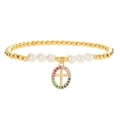 Elegante bracciale di perle con sfere dorate e ciondolo a croce in zircone arcobaleno - Ciondolo a Croce Ovale - Zirconia Colorata