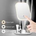 White LED makeup mirror with three adjustable light modes and touch sensor base tray - Square Mirror/Round Base / White