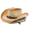 Western style woven straw cowboy hat with bull head ornament and adjustable chin strap - M (56-58cm) / Beige Gradient Rust Red