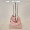 Detail of pink plaid canvas tote bag with magnetic button closure and knotted bow straps - Pink Plaid