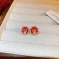 Golden dragon flower earrings with red petals, sparkling crystals and hanging pearls - Zodiac Dragon Flower Style (69#) (Silver Earring Post) / Red/Gold