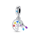 Detail of silver artist palette charm with colorful enamel hearts and paintbrushes - W-PAC775 Palette
