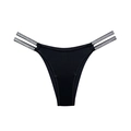 Sexy black ice silk thong with double rhinestone straps and high cut design - Black