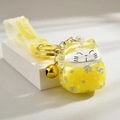 Detail of yellow lucky cat floating bottle keychain with sequins and Best Wishes lanyard - Lemon Yellow