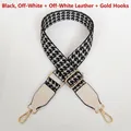 Close-up of black and white houndstooth bag strap with gold metal hooks and leather - Black Cream + Cream Leather + Gold Hook
