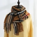 Soft faux cashmere scarf in classic camel check pattern with fringe tassel detail - Khaki