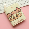 Close-up of beige PU leather capybara wallet with cute cartoon prints and gold zipper - Three Capybaras
