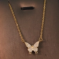 Elegant gold butterfly pendant necklace with pavé cubic zirconia on a standard O-chain - Gold - Double Ring Butterfly