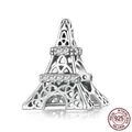 S925 sterling silver Eiffel Tower charm pendant with sparkling cubic zirconia inlay - Eiffel Tower Hollow Bead