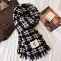 Soft black and white checkered scarf with fringe detail and small white logo label - Tic-Tac-Toe Black