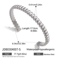 Spécifications de la manchette en acier inoxydable argenté avec mesures détaillées - Bracelet Jonc Ouvert à Nervures Spirales (JDB0304007-S)