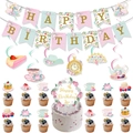 Vintage floral tea party birthday decoration set with banner and cupcake toppers - Tea Party Full Decoration Combo Set