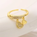 Gold plated adjustable ring featuring double cubic zirconia bands and dangling heart charms - Adjustable Open / 13324-Double Heart Dangle