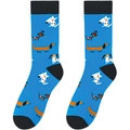 Détail du tricot des chaussettes bleues avec motifs de teckels et chiens colorés - Taille unique / Chiens Bleus (A1833)