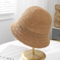 Stylish breathable hollow knit bucket hat for women featuring a metal tag detail - Khaki