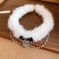 Winter style white faux fur headband with black velvet bow and snowflake rhinestone pendant - Pearl Rhinestone Bow Snowflake Choker