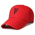 Classic red cotton baseball cap featuring black street-style embroidered V logo on the front - V Logo Red