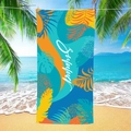Colorful beach towel with tropical palm leaves and white Summer text on sandy beach - B59-Color Block Tropical Plant Summer Series