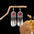 Bohemian silver earrings with red beads and leaf tassels on a wooden branch - Antique Silver + Red Stone + Leaf (E5838-1/Red)