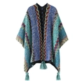 Poncho en tricot ethnique avec motifs zigzag colorés et pompons pour un style voyage - Nouveau Bleu