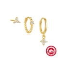 Set de tres pendientes de plata esterlina S925 bañada en oro con circonitas blancas finas - Juego de Trébol / Dorado