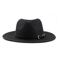 Détail du chapeau de paille noir avec ruban en cuir et boucle en métal doré chic - Noir