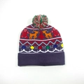 Bonnet de Noël tricoté bleu marine avec LED, motifs de rennes et pompon multicolore - Adulte (Élastique) / Renne de Noël Gris Foncé (Avec Revers)