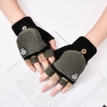Kids' cartoon knit flip-top gloves in black, grey, and beige with robot patch - 5-14 Years / Robot - Black